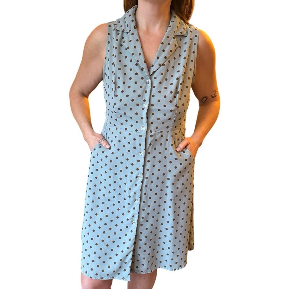 Vintage robins egg blue and brown polkadot button up shirt dress